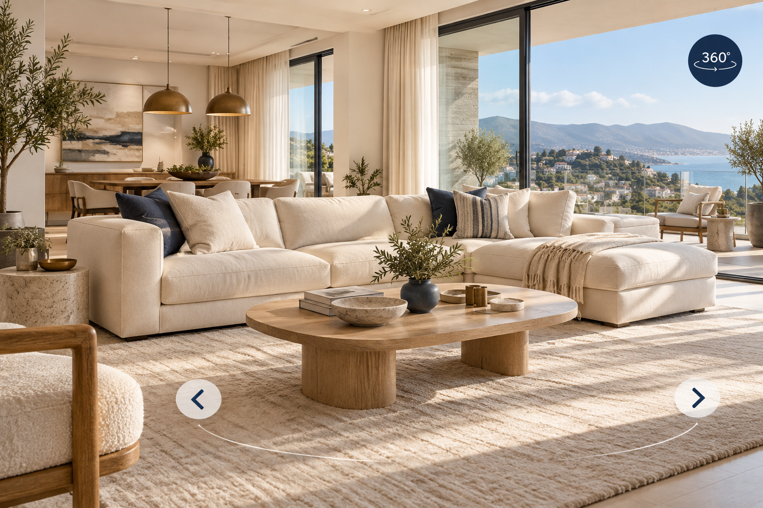 Aydınlık modern salonda 360 derece sanal tur deneyimini anlatan temsili görsel
